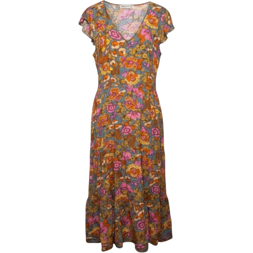 Rusttydustty Floral Maxi Dress 2XL Boho 70s Psychedelic V-Neck Tiered Multicolor